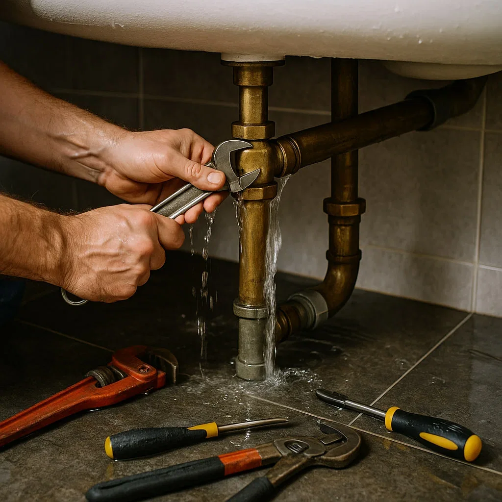 Plumber adjusting a pipe connection beneath a sink