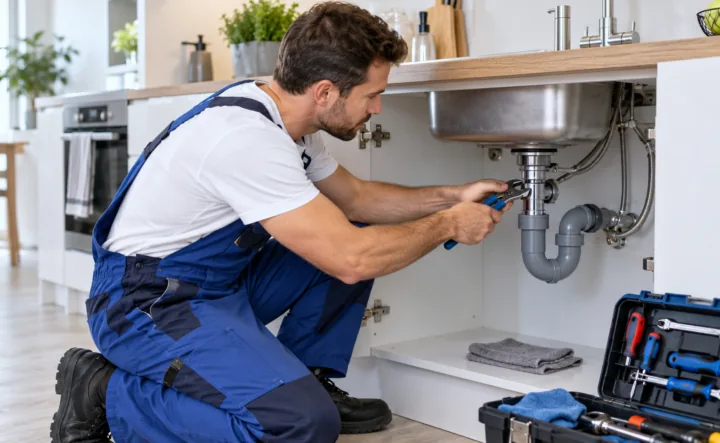 Professional arranging plumbing components for a repair