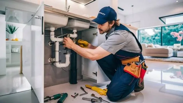 Plumbing professional working under a kitchen sink